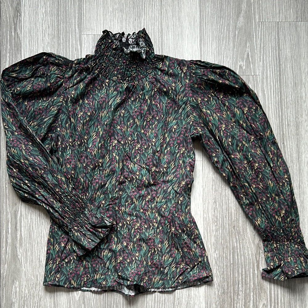 Zara Floral Smocked High-Neck Blouse